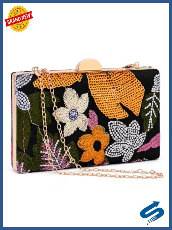 Handbags - Beaded Floral Evening Clutch with Gold Chain Strap